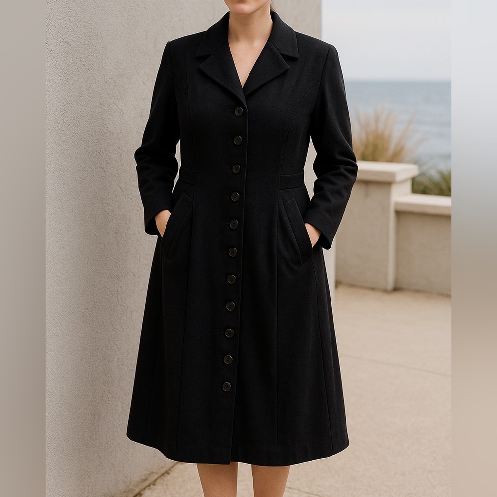 David Levine Original Black Heavy Button Front Coat Dress XL Vintage Luxury